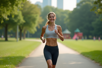 Jeune femme sportive souriante dans un parc urbain