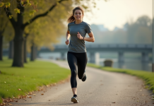 Femme sportive courant dans un parc urbain verdoyant