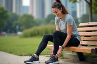 Jeune femme en tenue de sport nouant ses chaussures de course