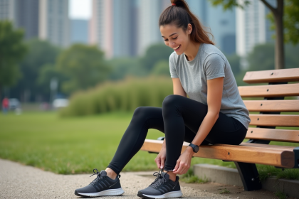 Jeune femme en tenue de sport nouant ses chaussures de course