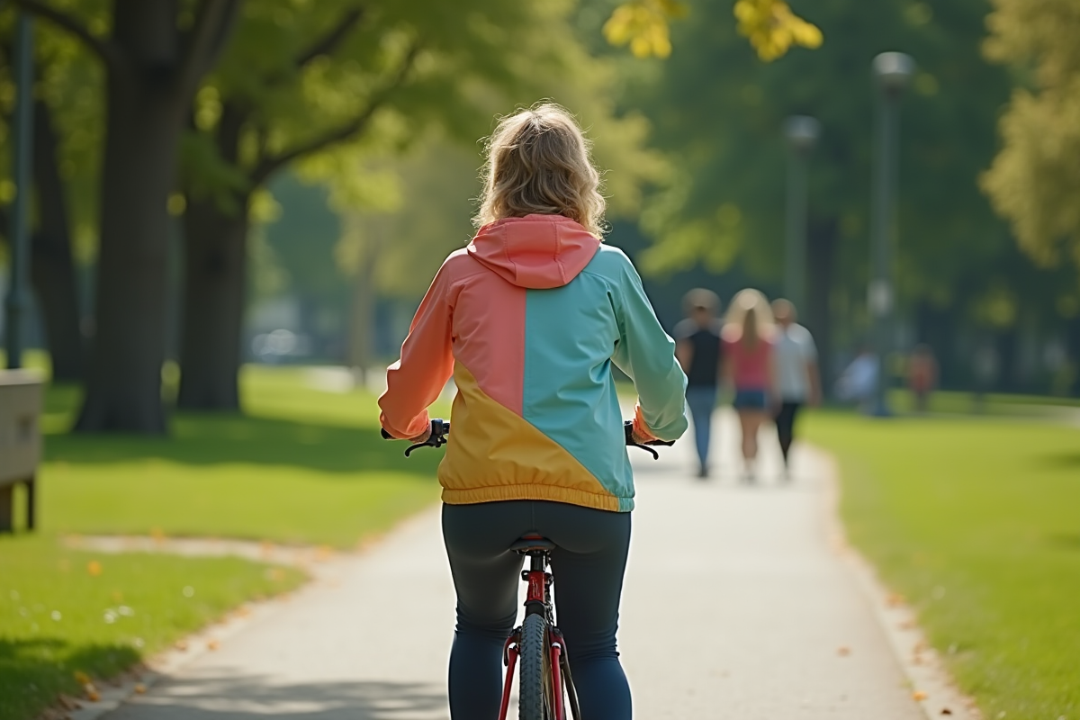 Femme à vélo dans un parc verdoyant