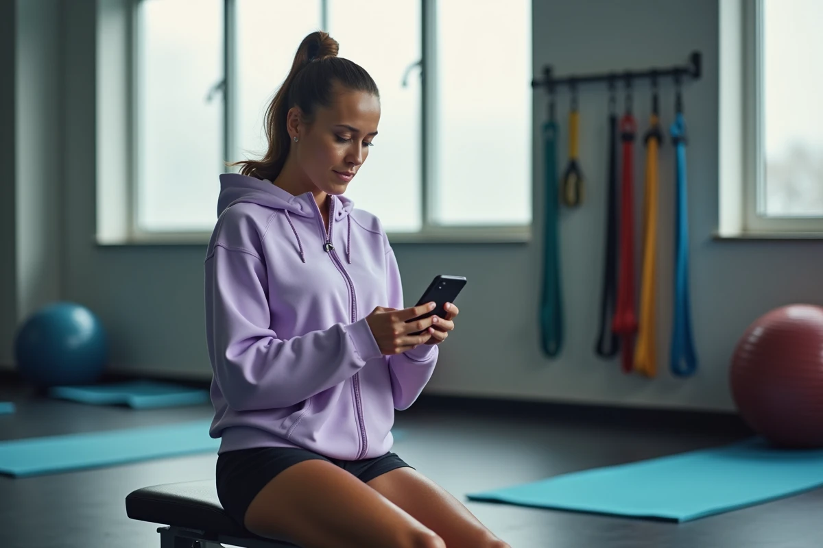 Femme débutante assise sur un banc de musculation consultant une application fitness sur son téléphone dans une salle de sport sans engagement