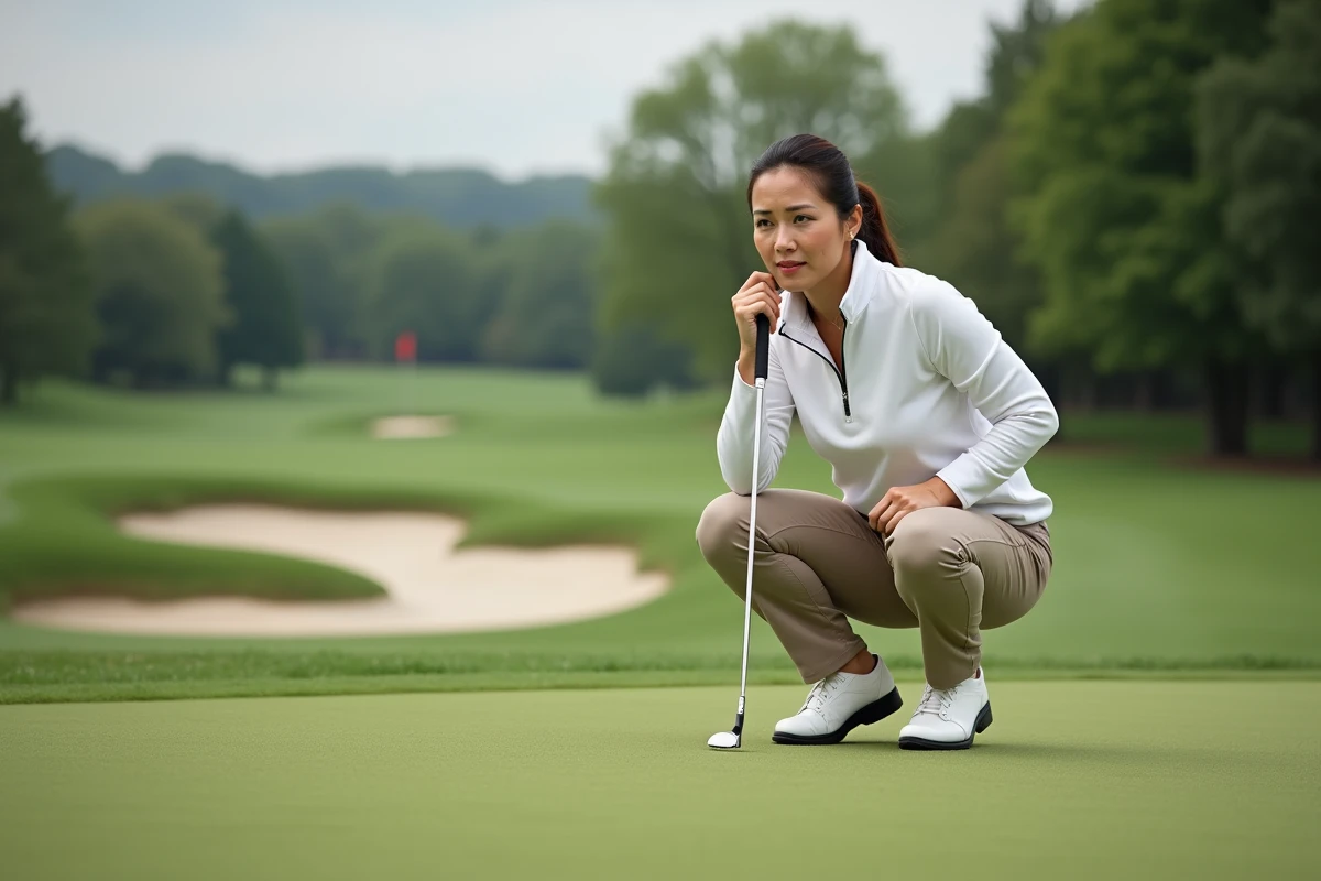 Femme lisant la pente d'un green sur un parcours de golf en région parisienne, apprentissage du putting en extérieur