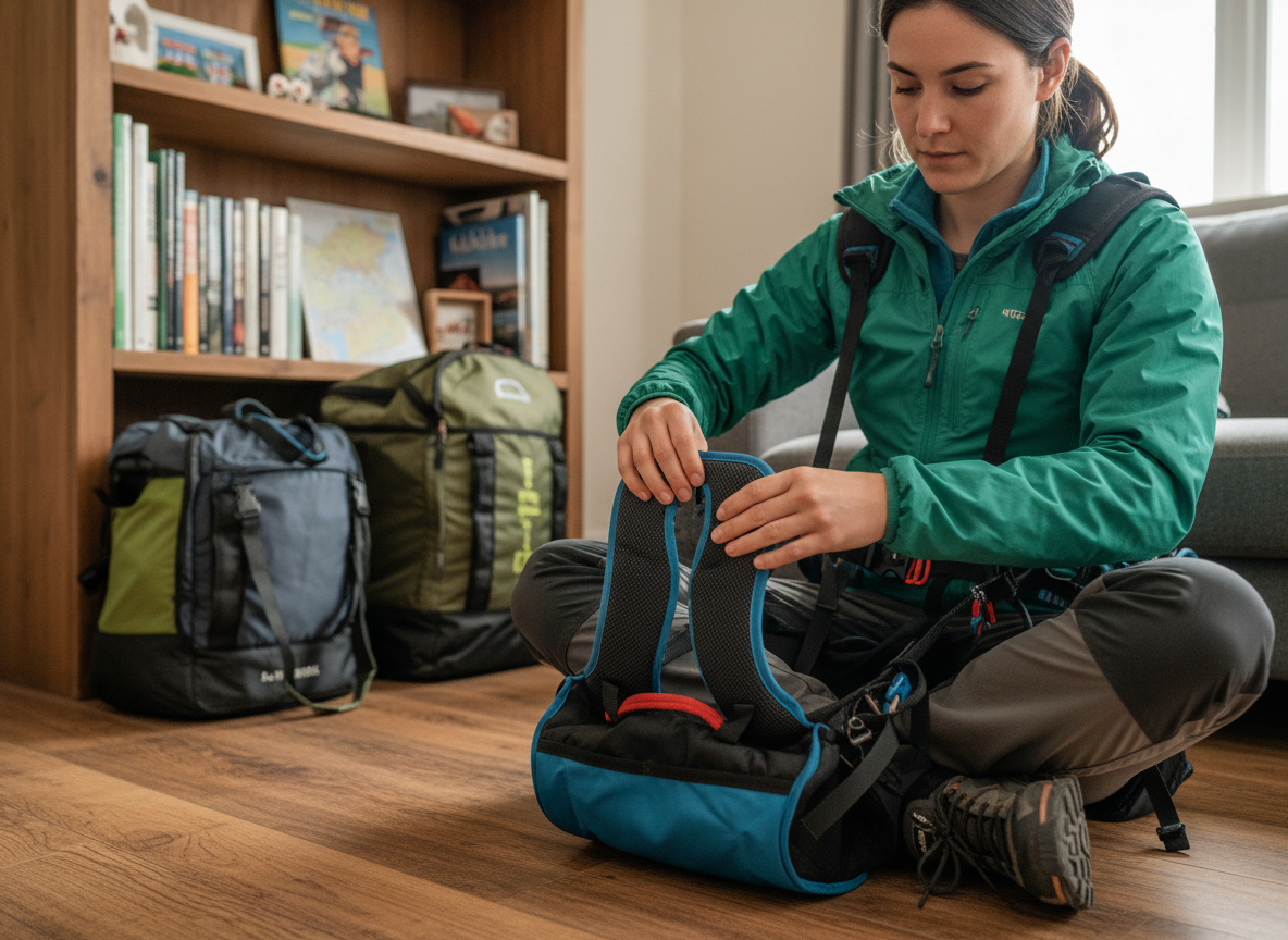 Jeune femme vérifiant son harnais de parapente intérieur