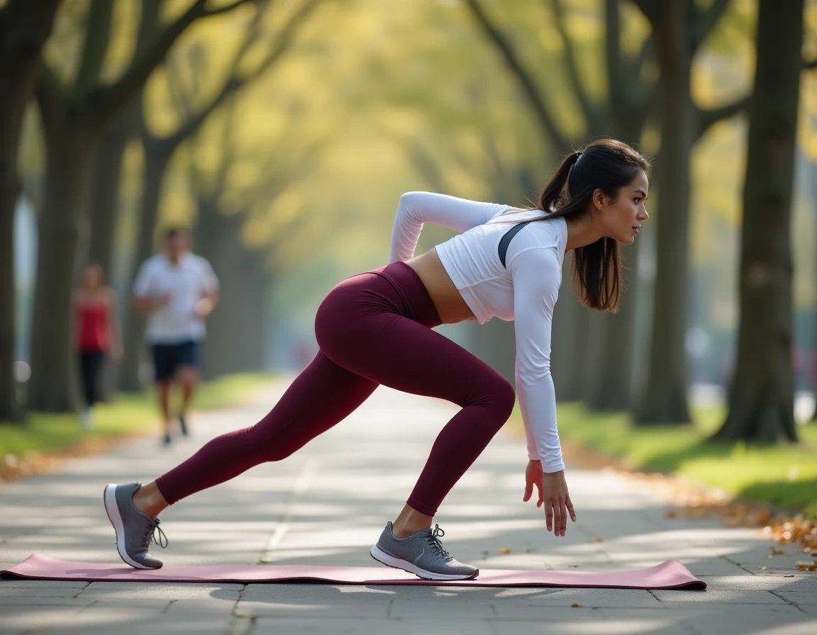 Jeune femme réalisant une variante à faible impact d'un exercice HIIT sur tapis en plein air, adaptant l'entraînement pour protéger ses articulations