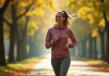 Jeune femme marche rapidement dans un parc en automne avec soleil