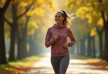 Jeune femme marche rapidement dans un parc en automne avec soleil