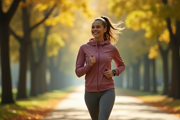 Jeune femme marche rapidement dans un parc en automne avec soleil