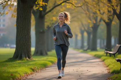 Femme en marche dans un parc au matin avec écouteurs sans fil