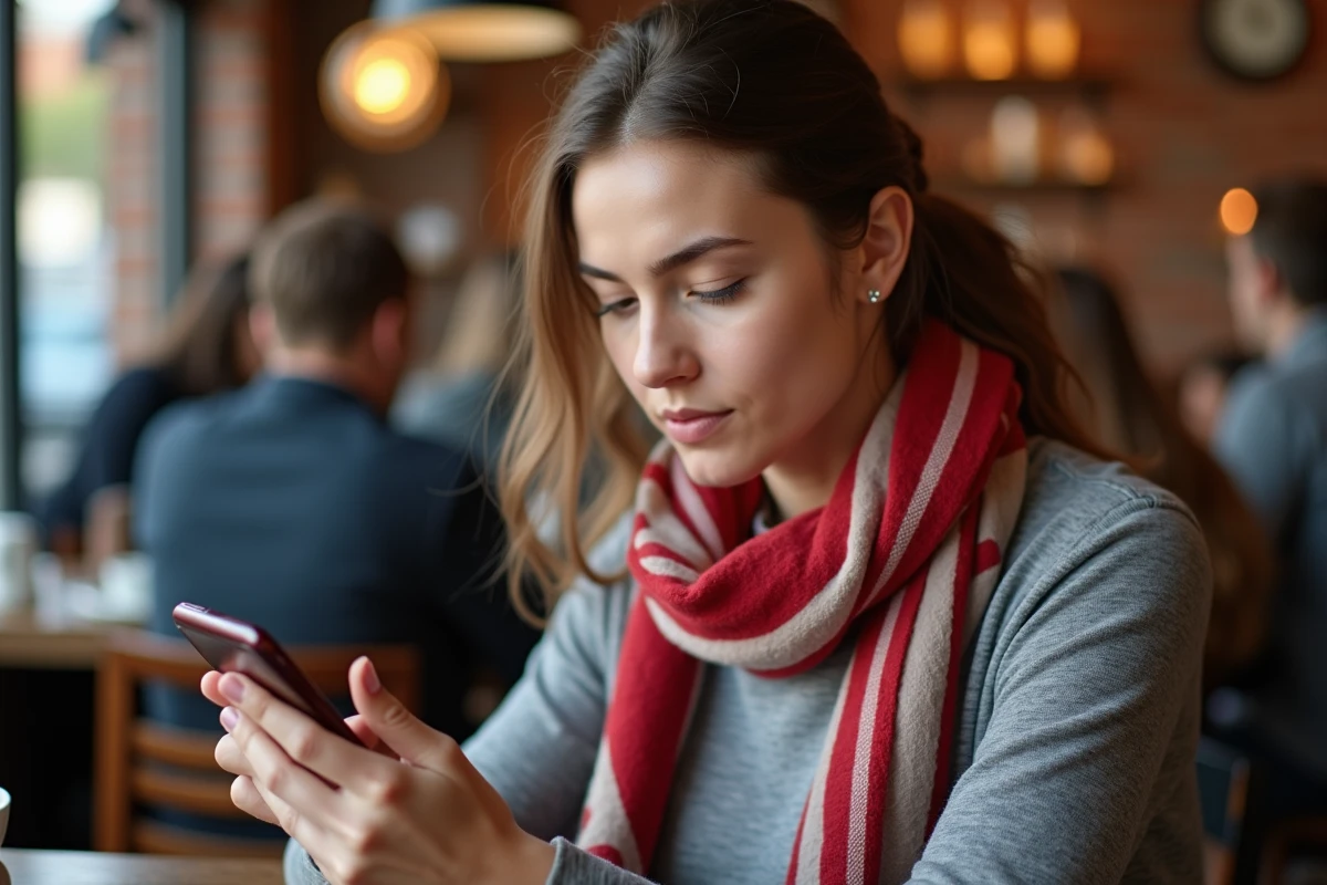 Femme consultant les paramètres de notifications du forum Stade Brestois 29 sur son smartphone dans un café