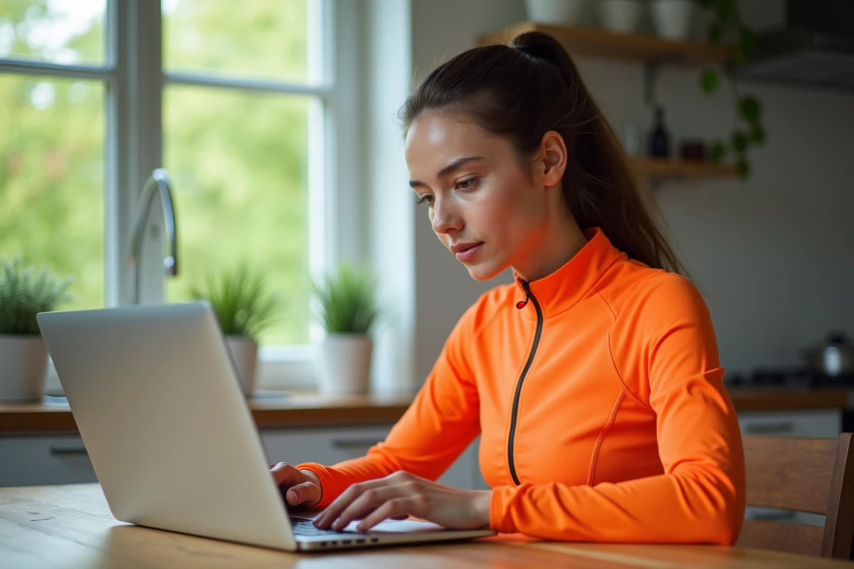 Jeune femme en tenue de course utilisant un ordinateur portable