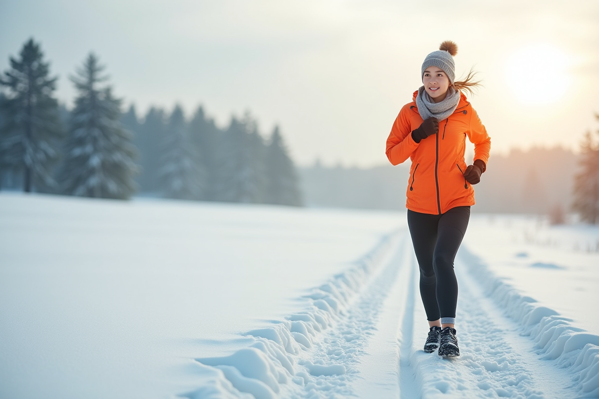Jeune femme en pause dans un champ enneige en hiver