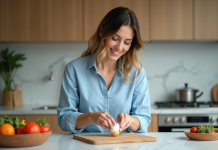 Femme souriante peelant un oeuf dur dans la cuisine