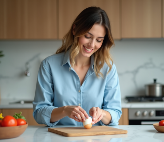 Femme souriante peelant un oeuf dur dans la cuisine