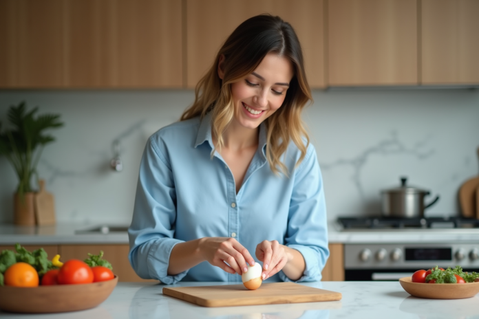 Femme souriante peelant un oeuf dur dans la cuisine