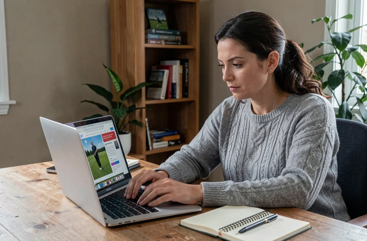 Femme consultant un blog d'initiation au golf en ligne avant de choisir ses cours