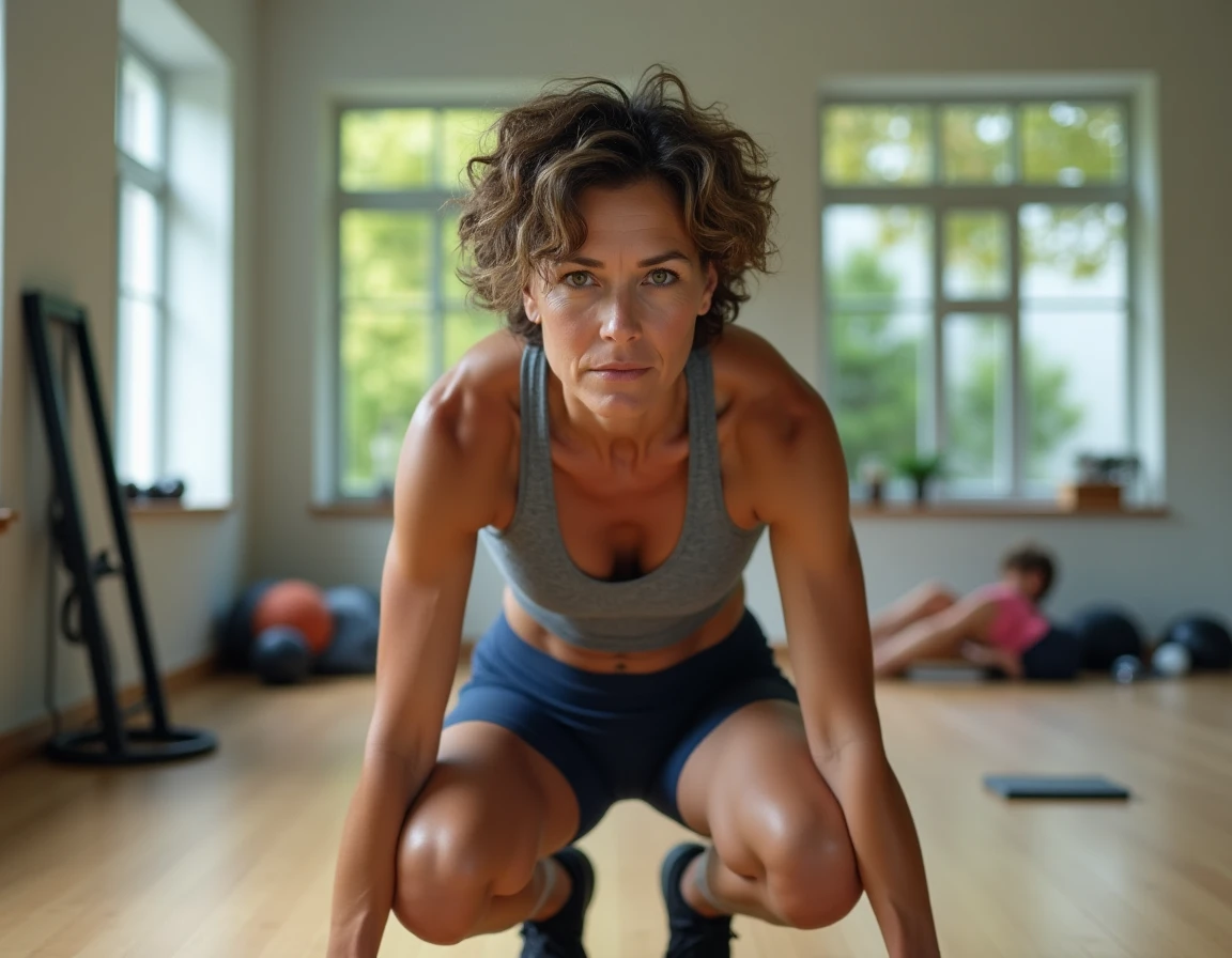Femme en phase de récupération active lors d'une séance HIIT en salle de fitness, montrant l'importance des pauses pour prévenir les blessures