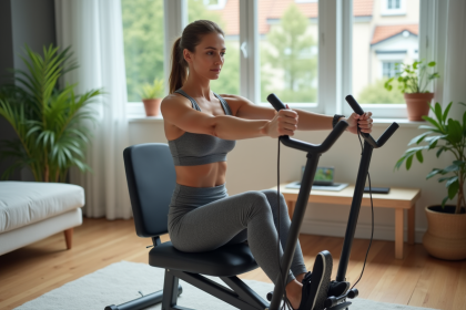 Femme en tenue de sport utilisant un rameur à domicile
