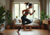 Femme en saut lors d'un entraînement à domicile