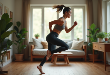 Femme en saut lors d'un entraînement à domicile