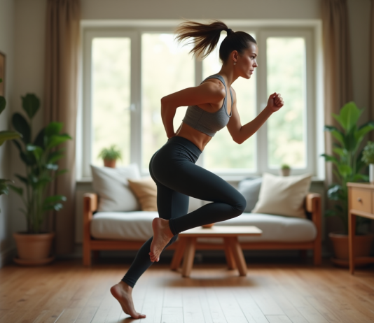 Femme en saut lors d'un entraînement à domicile