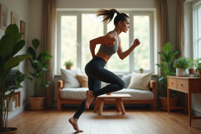 femme-sport-mouvement-maison Femme en saut lors d'un entraînement à domicile