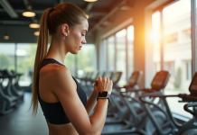 Jeune femme vérifiant sa smartwatch de fitness dans une salle lumineuse