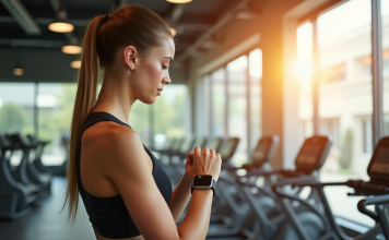 Sport : Comment évaluer l’efficacité de votre séance sportive ? Jeune femme vérifiant sa smartwatch de fitness dans une salle lumineuse