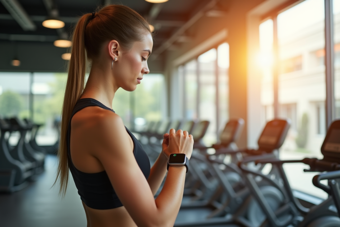 Jeune femme vérifiant sa smartwatch de fitness dans une salle lumineuse