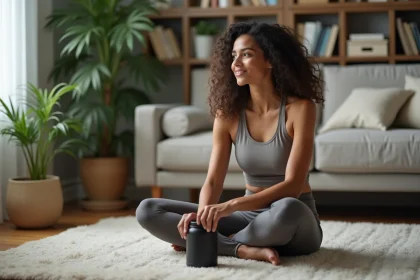 Femme sportive assise chez elle avec poudre protéinee