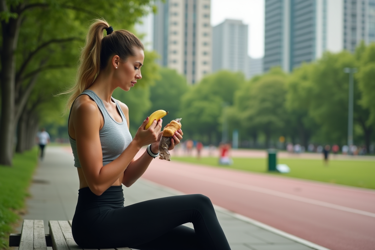 Femme sportive dans un parc avec pâtisserie et banane