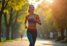 Femme sportive en ville dans un parc au matin avec tracker