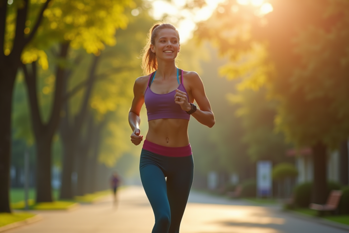 Femme sportive en ville dans un parc au matin avec tracker