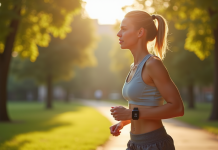 Femme sportive marchant dans un parc urbain en matinée