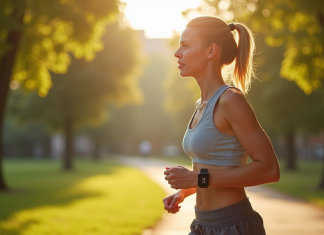 Femme sportive marchant dans un parc urbain en matinée