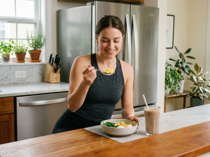 Jeune femme sportive mangeant un petit déjeuner sain