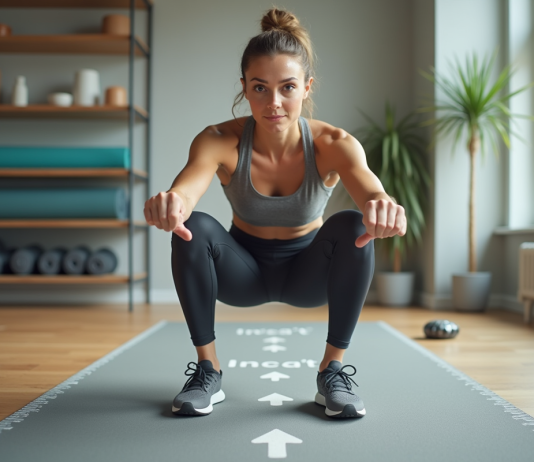 Salle de sport à domicile : opter pour une surface de 10×10, est-ce suffisant ? Femme en pleine séance de squats dans un home gym lumineux