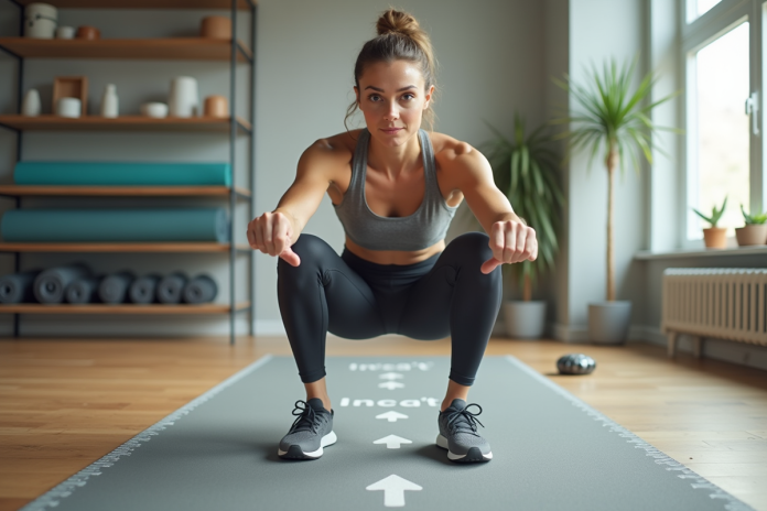 Femme en pleine séance de squats dans un home gym lumineux