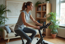 Femme en leggings faisant du vélo d'appartement chez elle