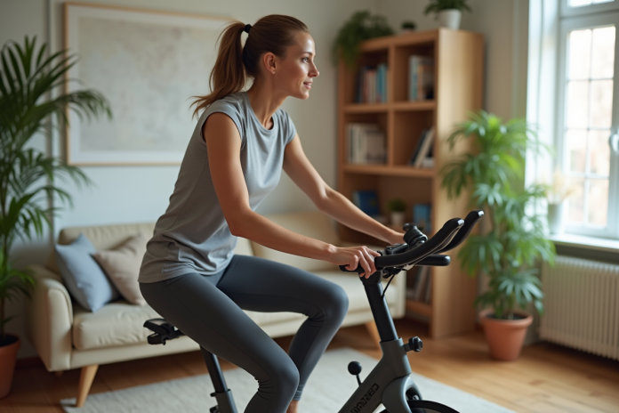 Femme en leggings faisant du vélo d'appartement chez elle