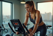 Femme concentrée sur vélo d'appartement dans salle lumineuse