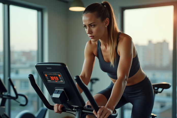 Femme concentrée sur vélo d'appartement dans salle lumineuse
