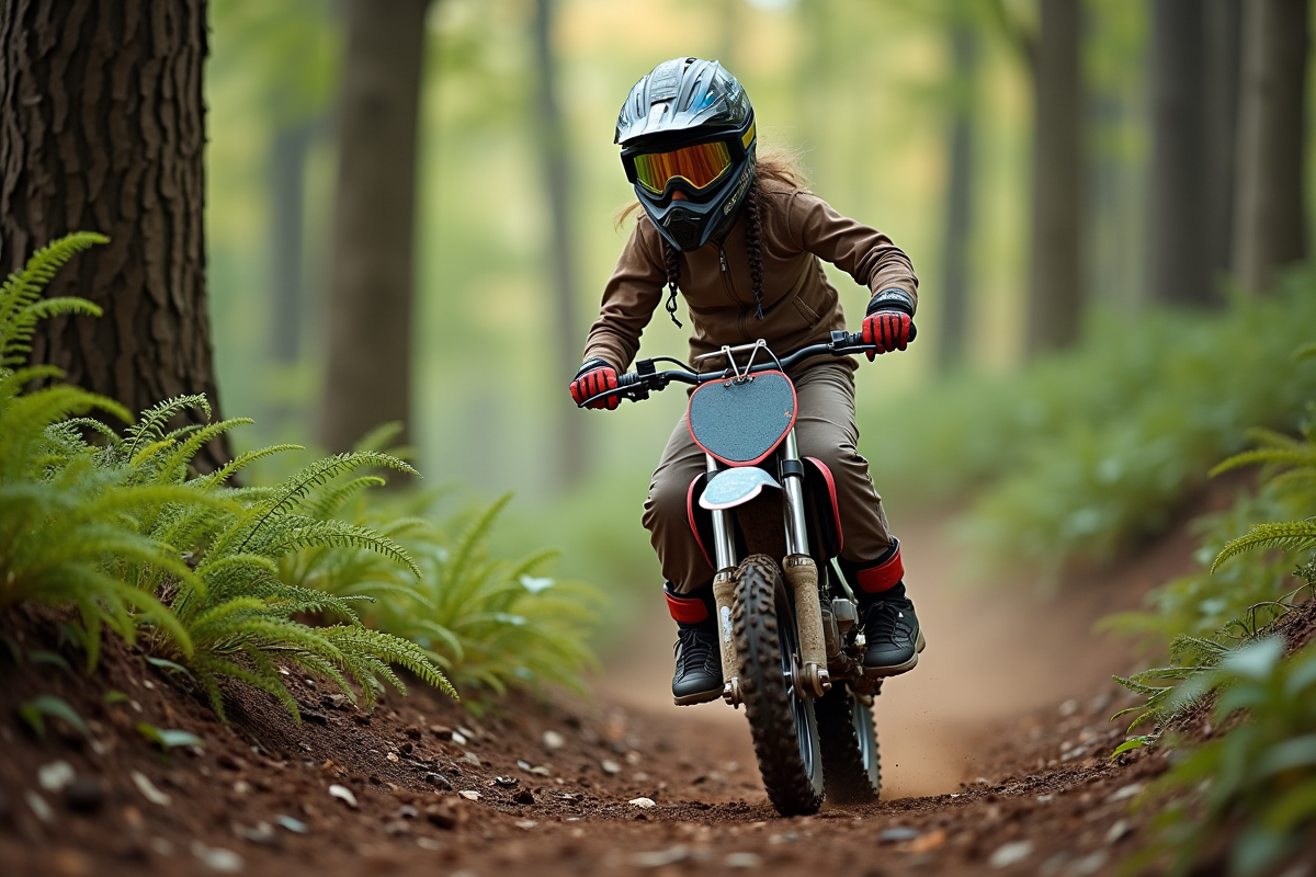 Fille en motocross débutante sur sentier forestier
