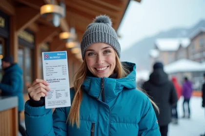 Jeune femme souriante avec pass de ski à Les Menuires