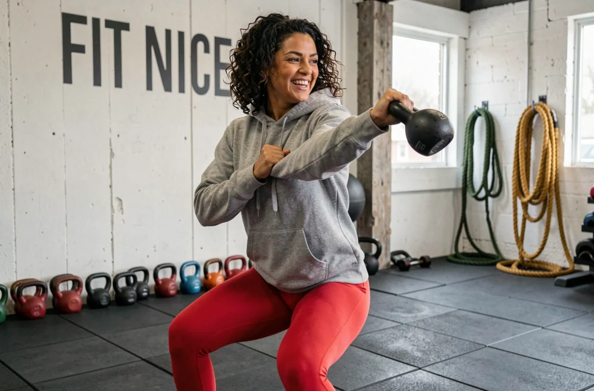 Femme réalisant un swing kettlebell dans la salle de sport Fit Nice