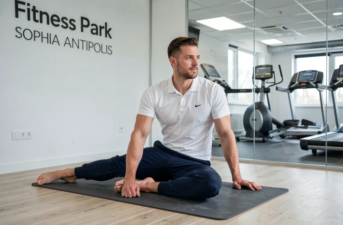 Homme s'étirant dans la zone de flexibilité du Fitness Park Sophia Antipolis