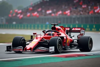 Monoplace de Formule 1 en pleine course sur un circuit du championnat du monde 2026, virage rapide avec tribunes en arrière-plan