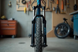 Fourche Manitou Comp 29 pouces montée sur roue VTT en atelier, détail des tubes et de la couronne en aluminium usiné