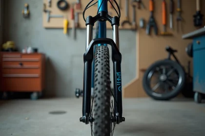 Fourche Manitou Comp 29 pouces montée sur roue VTT en atelier, détail des tubes et de la couronne en aluminium usiné