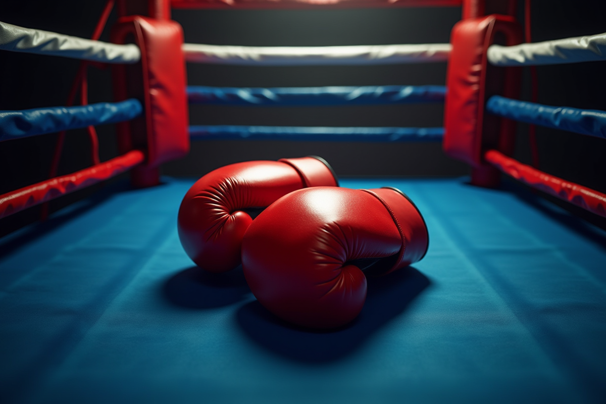 Gants de boxe rouges dans un coin de ring sous un projecteur